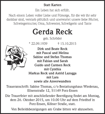 Anzeige von Gerda Reck von  Kölner Wochenspiegel 