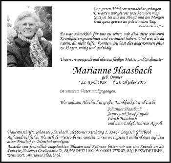 Anzeige von Marianne Haasbach von Kölner Stadt-Anzeiger / Kölnische Rundschau / Express
