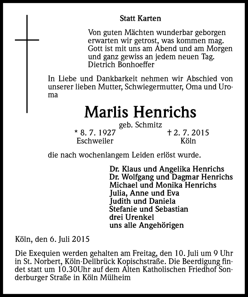  Traueranzeige für Marlis Henrichs vom 08.07.2015 aus Kölner Stadt-Anzeiger / Kölnische Rundschau / Express