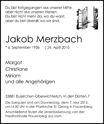 Anzeige von Jakob Merzbach von  Blickpunkt Euskirchen 