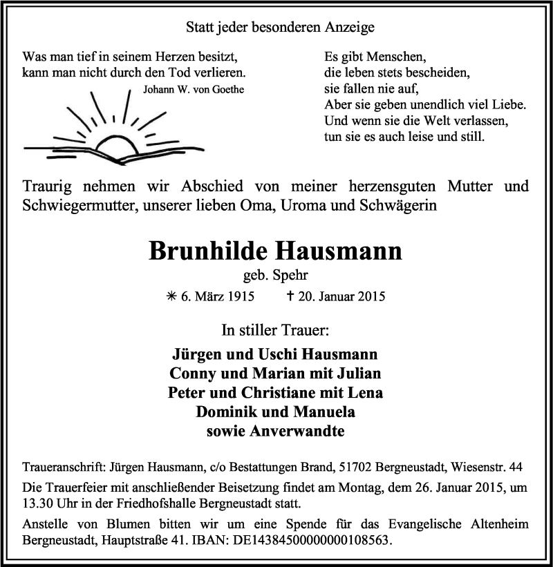 Anzeige Von Brunhilde Hausmann Wirtrauern