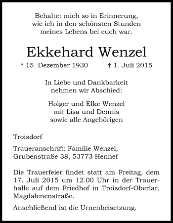 Anzeige von Ekkehard Wenzel von Kölner Stadt-Anzeiger / Kölnische Rundschau / Express