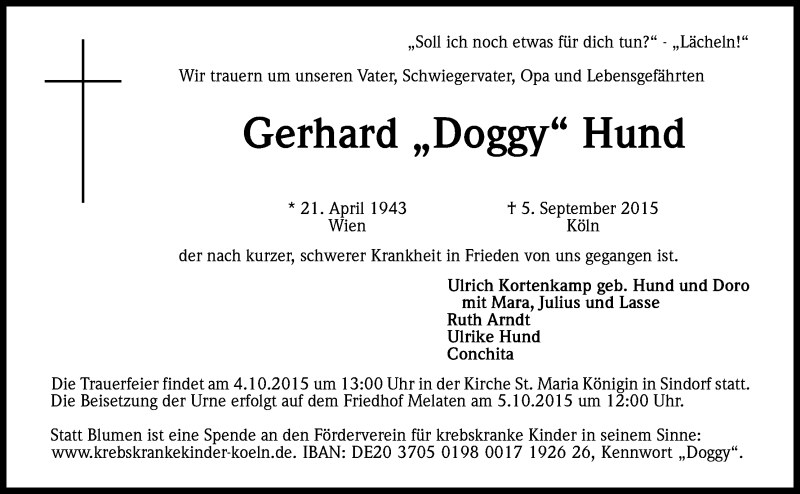  Traueranzeige für Gerhard Hund vom 19.09.2015 aus Kölner Stadt-Anzeiger / Kölnische Rundschau / Express