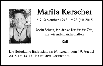 Anzeige von Marita Kerscher von Kölner Stadt-Anzeiger / Kölnische Rundschau / Express