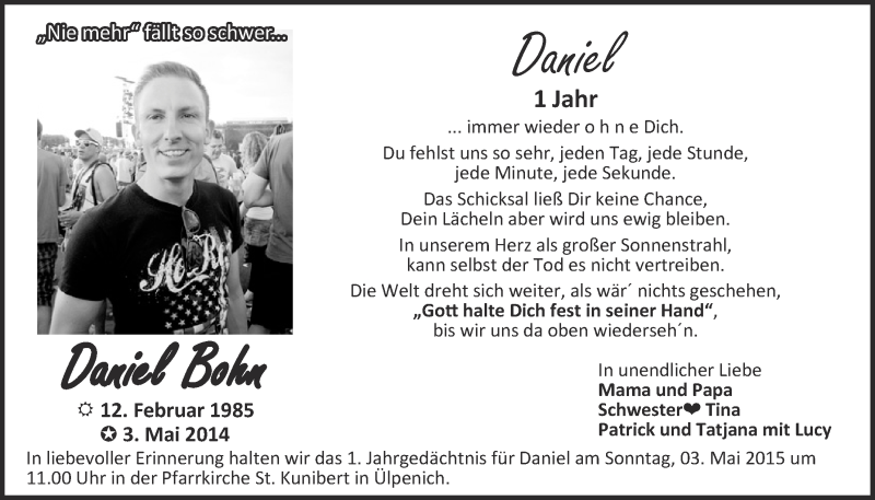  Traueranzeige für Daniel Bohn vom 26.04.2015 aus  Blickpunkt Euskirchen 