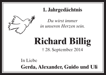 Anzeige von Richard Billig von  Werbepost 