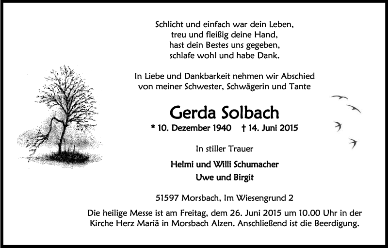  Traueranzeige für Gerda Solbach vom 25.06.2015 aus Kölner Stadt-Anzeiger / Kölnische Rundschau / Express