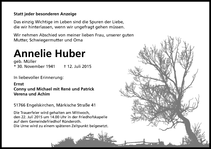  Traueranzeige für Annelie Huber vom 18.07.2015 aus Kölner Stadt-Anzeiger / Kölnische Rundschau / Express