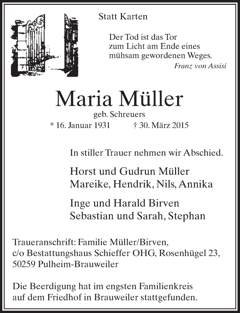  Traueranzeige für Maria Müller vom 11.04.2015 aus  Sonntags-Post 