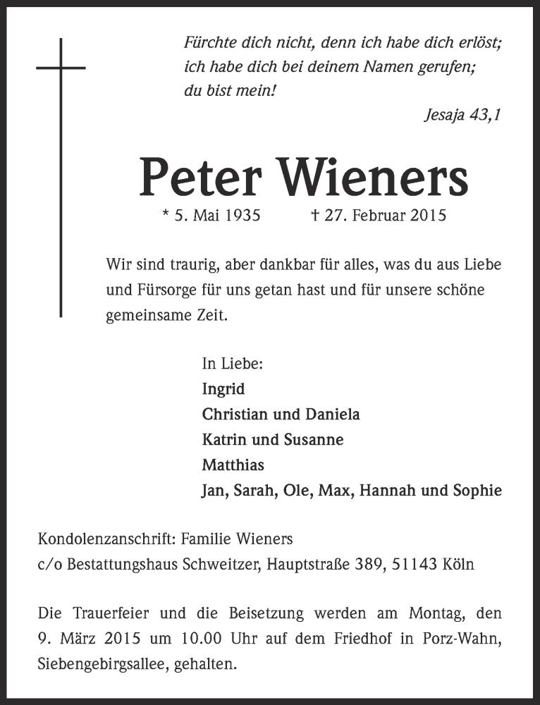  Traueranzeige für Peter Wieners vom 04.03.2015 aus  Kölner Wochenspiegel 