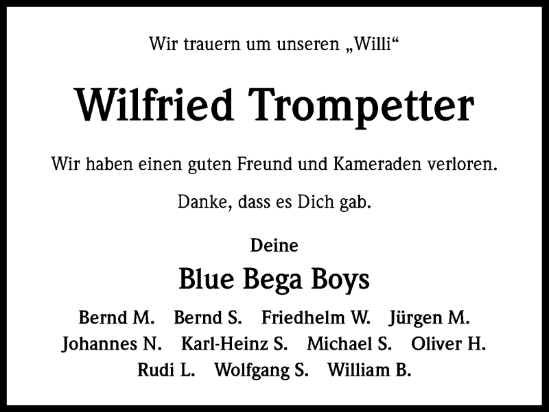  Traueranzeige für Wilfried Trompetter vom 17.01.2015 aus Kölner Stadt-Anzeiger / Kölnische Rundschau / Express