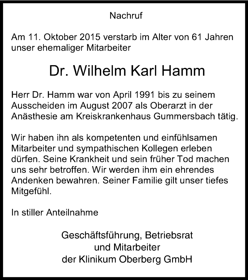  Traueranzeige für Wilhelm Karl  Hamm vom 17.10.2015 aus Kölner Stadt-Anzeiger / Kölnische Rundschau / Express