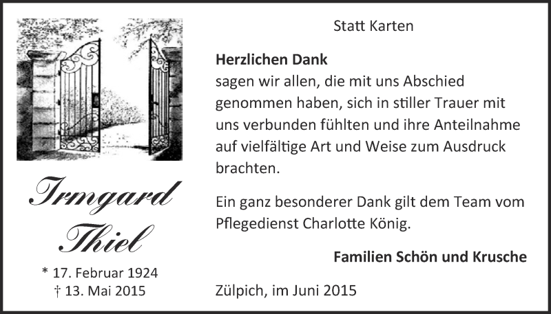  Traueranzeige für Irmgard Thiel vom 07.06.2015 aus  Blickpunkt Euskirchen 