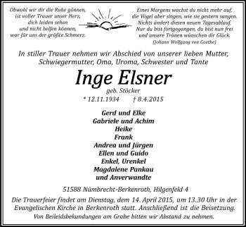 Anzeige von Inge Elsner von Kölner Stadt-Anzeiger / Kölnische Rundschau / Express
