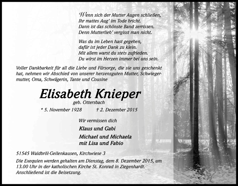  Traueranzeige für Elisabeth Knieper vom 05.12.2015 aus Kölner Stadt-Anzeiger / Kölnische Rundschau / Express