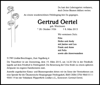 Anzeige von Gertrud Oertel von Kölner Stadt-Anzeiger / Kölnische Rundschau / Express