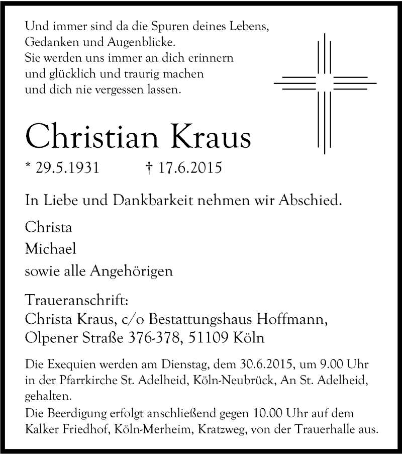  Traueranzeige für Christian Kraus vom 20.06.2015 aus Kölner Stadt-Anzeiger / Kölnische Rundschau / Express