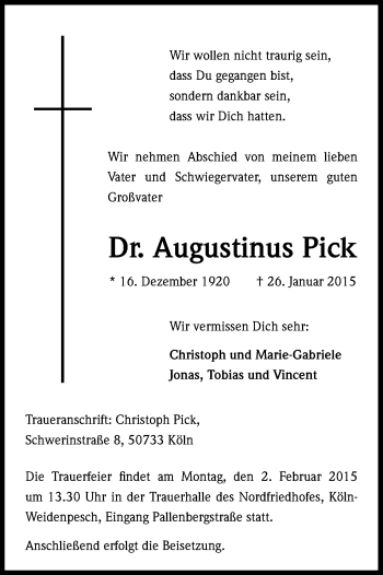 Anzeige von Augustinius Pick von Kölner Stadt-Anzeiger / Kölnische Rundschau / Express