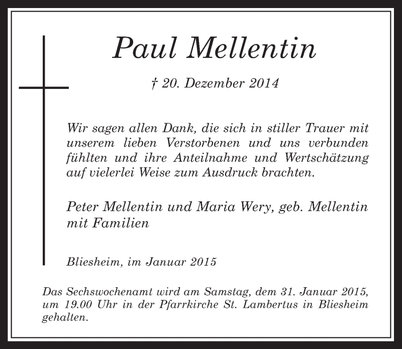  Traueranzeige für Paul Mellentin vom 21.01.2015 aus  Werbepost 