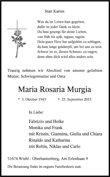 Anzeige von Maria Rosaria Murgia von Kölner Stadt-Anzeiger / Kölnische Rundschau / Express