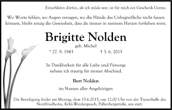Anzeige von Brigitte Nolden von Kölner Stadt-Anzeiger / Kölnische Rundschau / Express