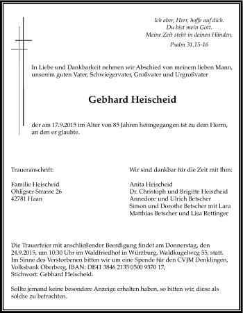 Anzeige von Gebhard Heischeid von Kölner Stadt-Anzeiger / Kölnische Rundschau / Express
