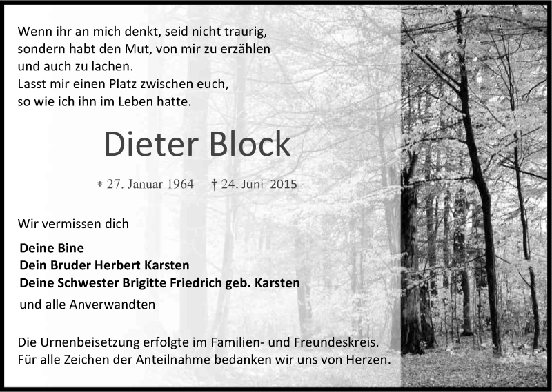  Traueranzeige für Dieter Block vom 04.07.2015 aus Kölner Stadt-Anzeiger / Kölnische Rundschau / Express