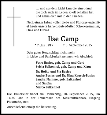 Anzeige von Ilse Camp von Kölner Stadt-Anzeiger / Kölnische Rundschau / Express