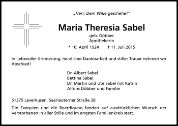 Anzeige von Maria Theresia Sabel von Kölner Stadt-Anzeiger / Kölnische Rundschau / Express