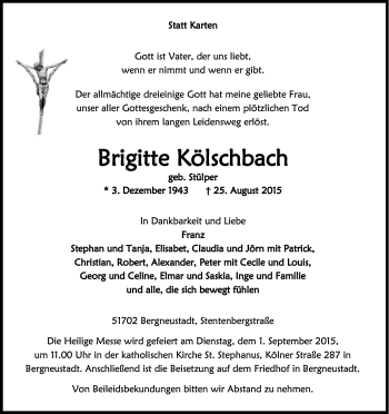 Anzeige von Brigitte Kölschbach von Kölner Stadt-Anzeiger / Kölnische Rundschau / Express