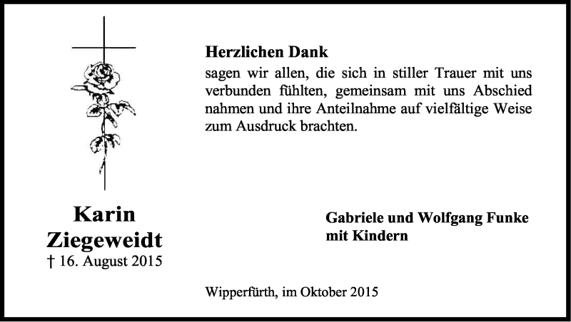  Traueranzeige für Karin Ziegeweidt vom 17.10.2015 aus Kölner Stadt-Anzeiger / Kölnische Rundschau / Express