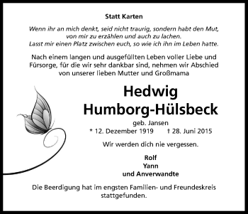 Anzeige von Hedwig Humborg-Hülsbeck von Kölner Stadt-Anzeiger / Kölnische Rundschau / Express