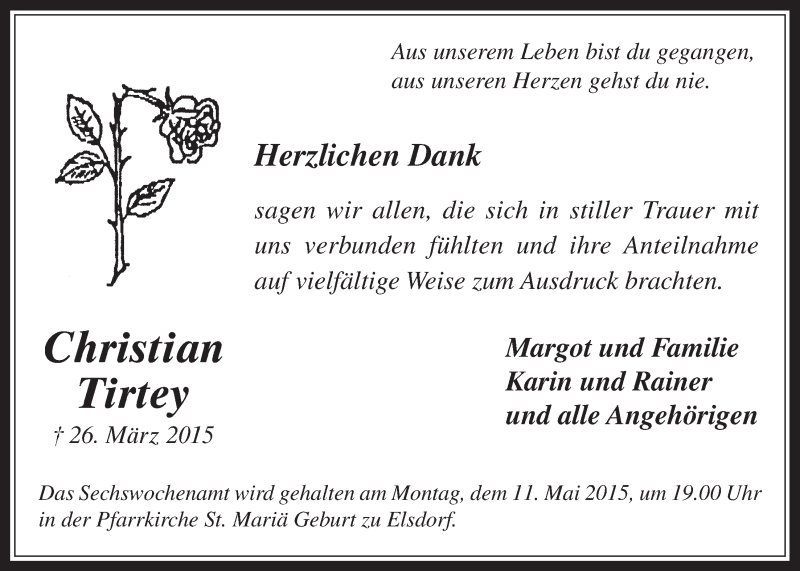  Traueranzeige für Christian Tirtey vom 06.05.2015 aus  Werbepost 