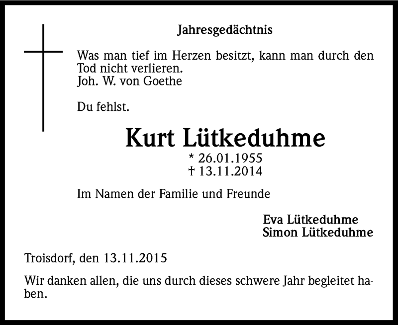  Traueranzeige für Kurt Lütkeduhme vom 13.11.2015 aus Kölner Stadt-Anzeiger / Kölnische Rundschau / Express