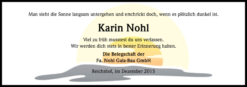 Traueranzeige für Karin Nohl vom 11.12.2015 aus Kölner Stadt-Anzeiger / Kölnische Rundschau / Express