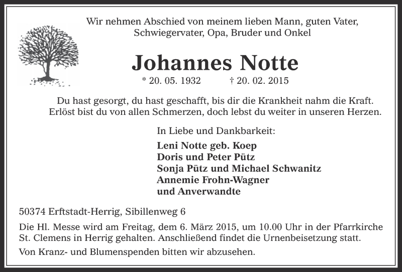  Traueranzeige für Johannes Notte vom 25.02.2015 aus  Werbepost 