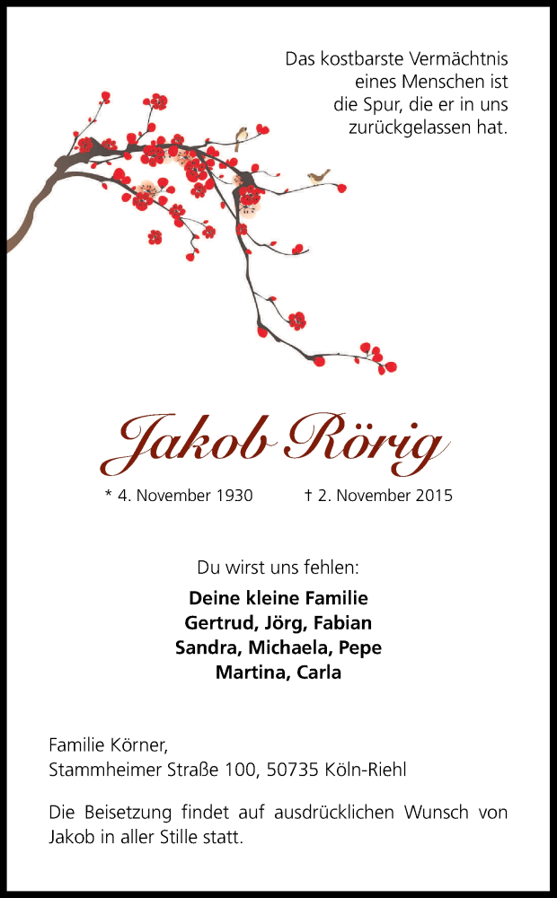  Traueranzeige für Jakob Rörig vom 07.11.2015 aus Kölner Stadt-Anzeiger / Kölnische Rundschau / Express