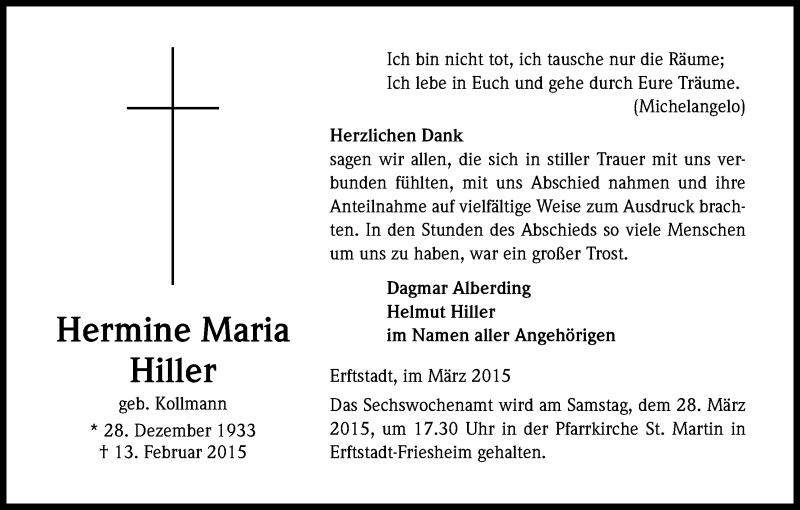  Traueranzeige für Hermine Maria Hiller vom 24.03.2015 aus Kölner Stadt-Anzeiger / Kölnische Rundschau / Express