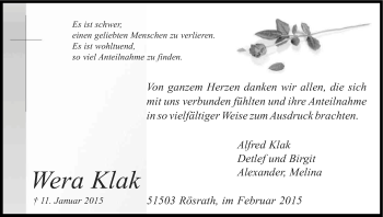 Anzeige von Wera Klak von Kölner Stadt-Anzeiger / Kölnische Rundschau / Express