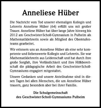 Anzeige von Anneliese Hübner von Kölner Stadt-Anzeiger / Kölnische Rundschau / Express