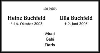 Anzeige von Heinz und Ulla Buchfeld von Kölner Stadt-Anzeiger / Kölnische Rundschau / Express