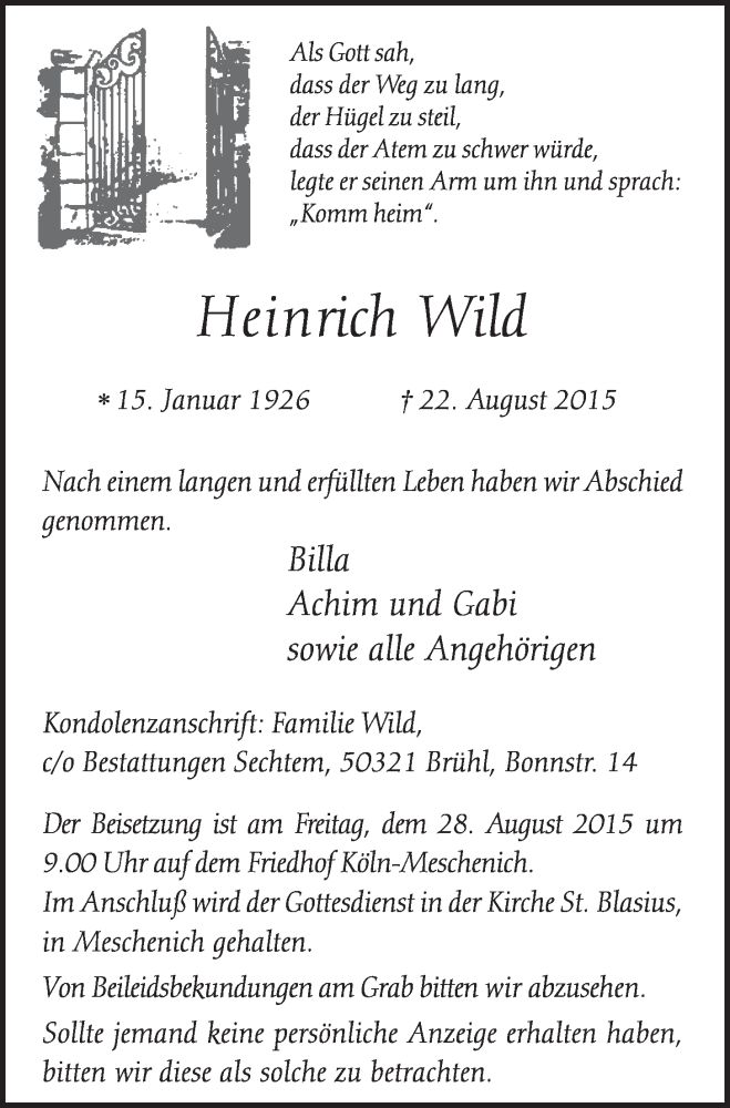  Traueranzeige für Heinrich Wild vom 26.08.2015 aus  Schlossbote/Werbekurier 