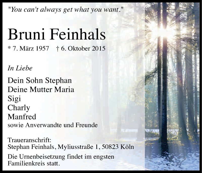  Traueranzeige für Bruni Feinhals vom 17.10.2015 aus Kölner Stadt-Anzeiger / Kölnische Rundschau / Express