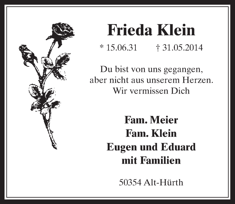 Traueranzeige für Frieda Klein vom 27.05.2015 aus  Wochenende 