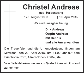 Anzeige von Christel Andreas von  Kölner Wochenspiegel 