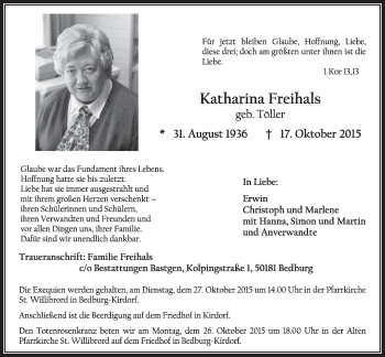 Anzeige von Katharina Freihals von  Sonntags-Post 