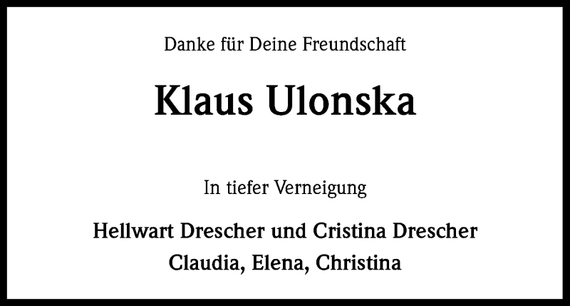  Traueranzeige für Klaus Ulonska vom 20.03.2015 aus Kölner Stadt-Anzeiger / Kölnische Rundschau / Express