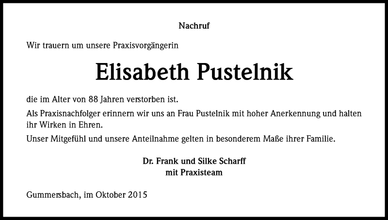  Traueranzeige für Elisabeth Pustelnik vom 24.10.2015 aus Kölner Stadt-Anzeiger / Kölnische Rundschau / Express