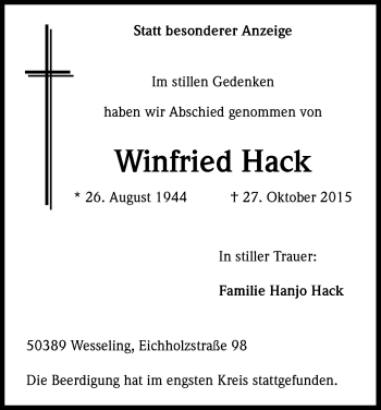 Anzeige von Winfried Hack von Kölner Stadt-Anzeiger / Kölnische Rundschau / Express