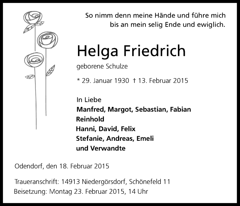  Traueranzeige für Helga Friedrich vom 21.02.2015 aus Kölner Stadt-Anzeiger / Kölnische Rundschau / Express